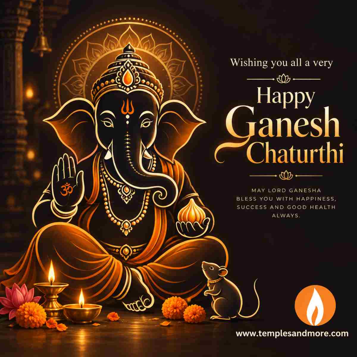 Happy Ganesh Chaturthi greeting card with an elegant Lord Ganesha illustration blessing devotees with happiness, success and good health, Temples and More