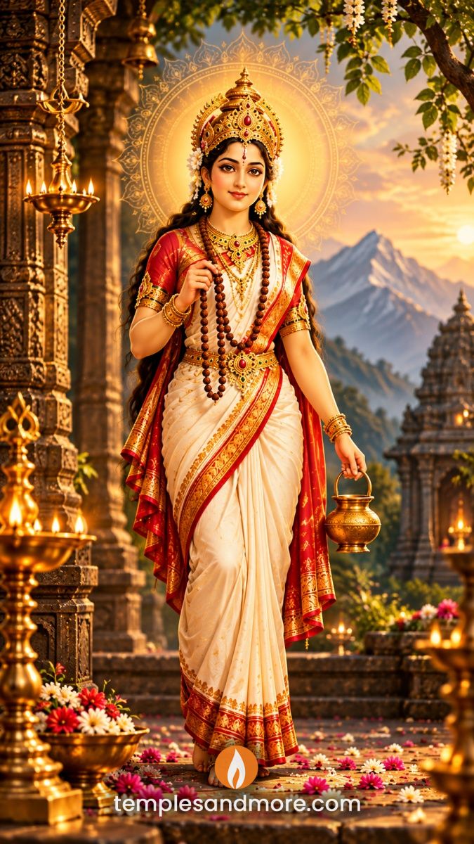 Goddess Brahmacharini holding a rudraksha mala and kamandalu, dressed in a white and red saree, standing in a sacred temple courtyard with glowing diyas and mountains.