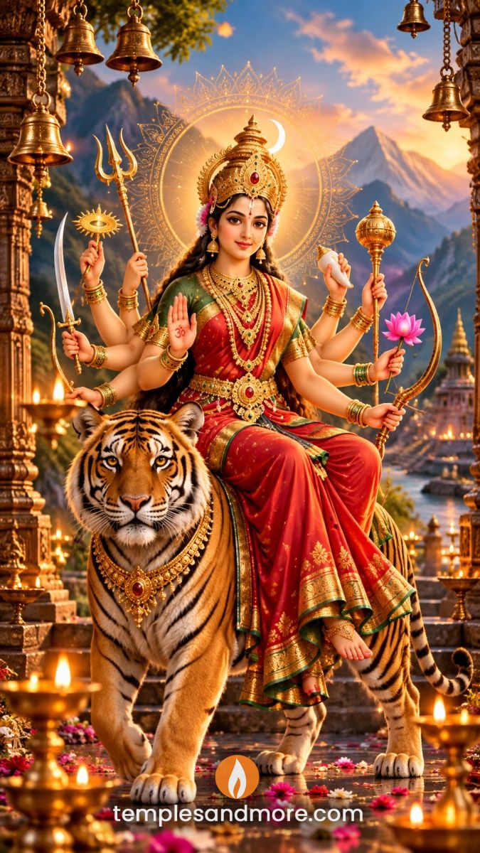 Goddess Chandraghanta seated on a majestic tiger, wearing a red and green saree with a golden crown, holding sacred weapons and a lotus, surrounded by temple bells, glowing diyas and mountains.