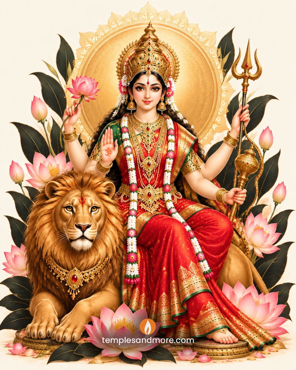 Goddess Durga Devi with four arms, wearing a red and green silk saree and golden crown, seated beside a majestic lion with a trident, pink lotus, blessing hand and golden mandala halo.