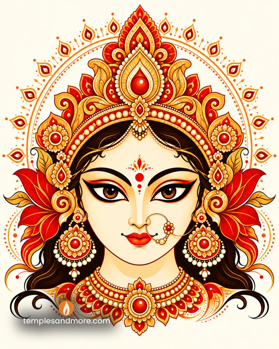 Traditional Goddess Durga Mata face artwork with expressive eyes, red bindi, ornate golden crown, floral earrings and red-gold decorations on an ivory background.