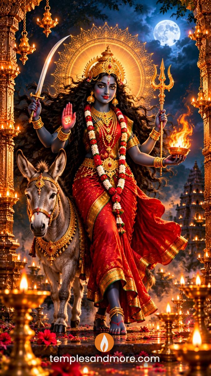 Goddess Kalaratri with a dark complexion and flowing black hair, standing beside a decorated donkey, holding a sword, trident and flaming vessel in a moonlit temple filled with glowing diyas.