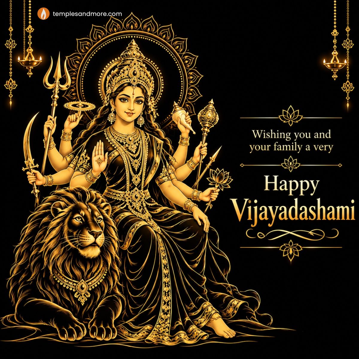 Goddess Kanakadurga with a majestic lion in elegant gold line art on a black background for Vijayadashami.