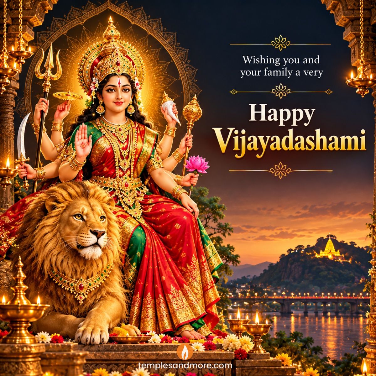 Goddess Kanakadurga with a majestic lion, temple lamps and a glowing hilltop temple in a Happy Vijayadashami greeting.