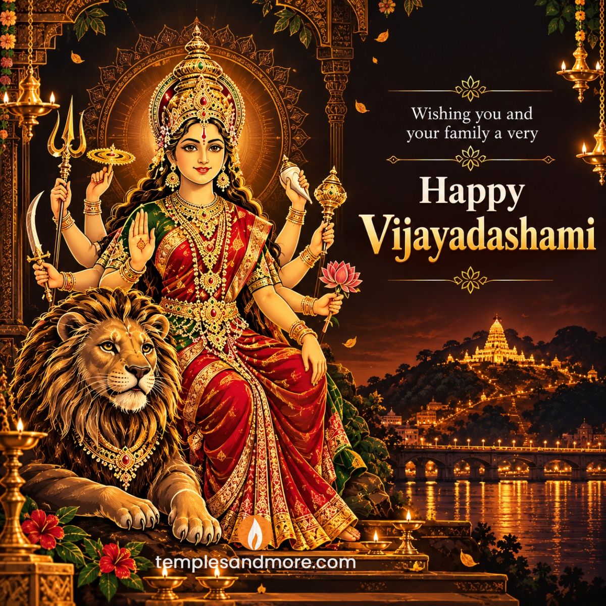Goddess Kanakadurga with her lion in an elegant golden line-art style for a Happy Vijayadashami greeting.