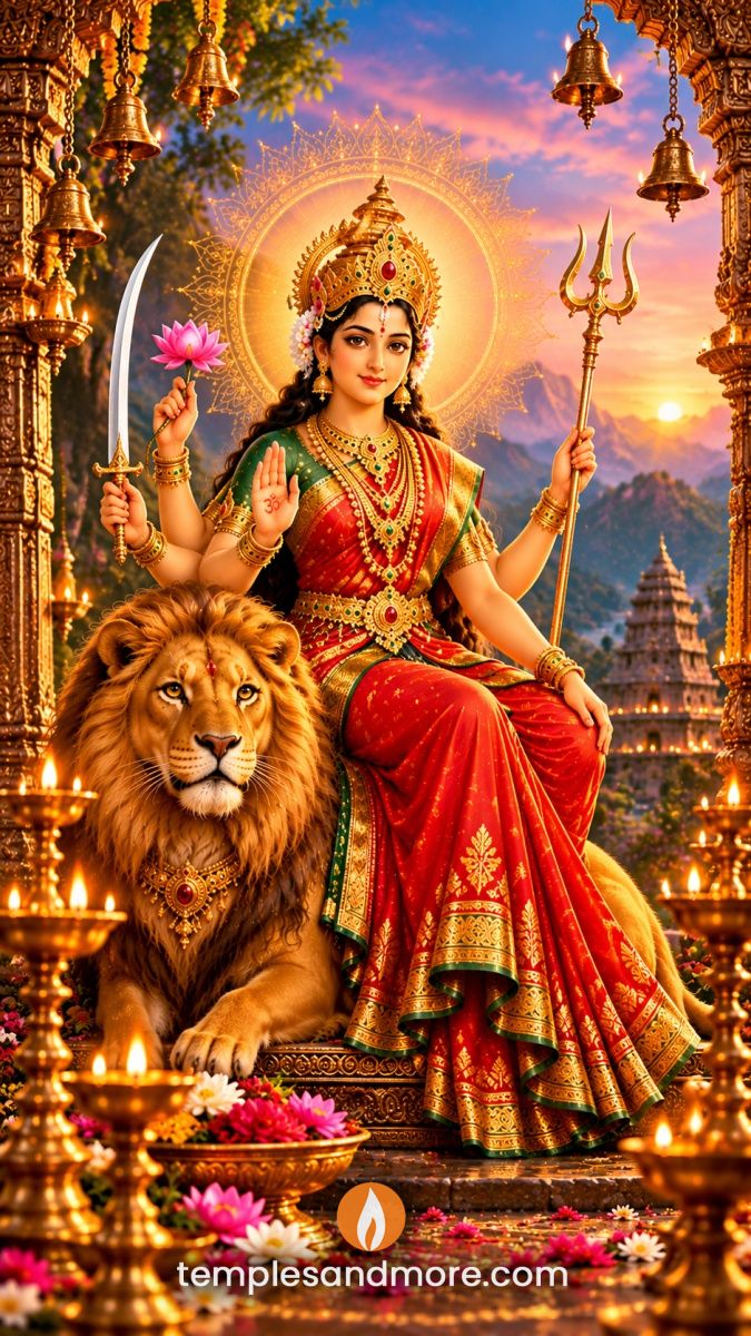 Goddess Katyayani seated beside a majestic golden lion, wearing a red and green saree, holding a sword, trident and pink lotus, with one hand raised in blessing inside a glowing temple setting.