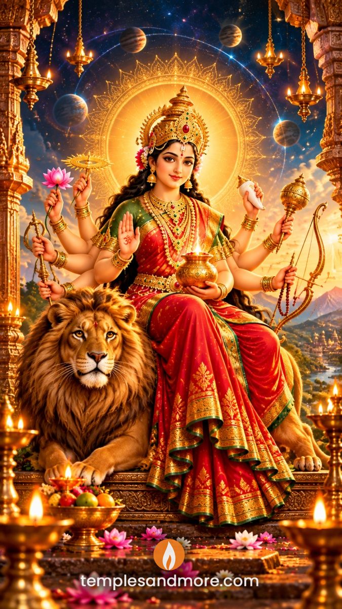 Goddess Kushmanda seated beside a majestic golden lion, wearing a red and green saree, holding sacred objects beneath a radiant golden halo with planets, stars and glowing temple lamps.
