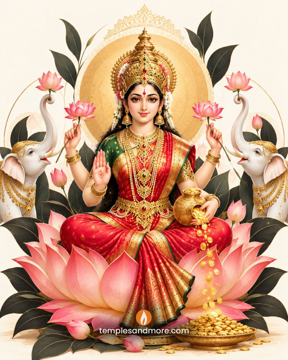 Goddess Maha Lakshmi Devi seated on a pink lotus in a red and green silk saree, with four arms, a golden crown, blessing hand, gold coins, two white elephants and a golden halo.