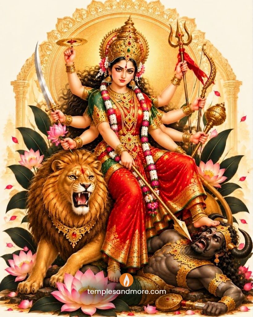 Goddess Mahishasuramardini Devi wearing a red and green silk saree and golden crown, holding sacred weapons beside a roaring lion, with the defeated Mahishasura beneath her feet.