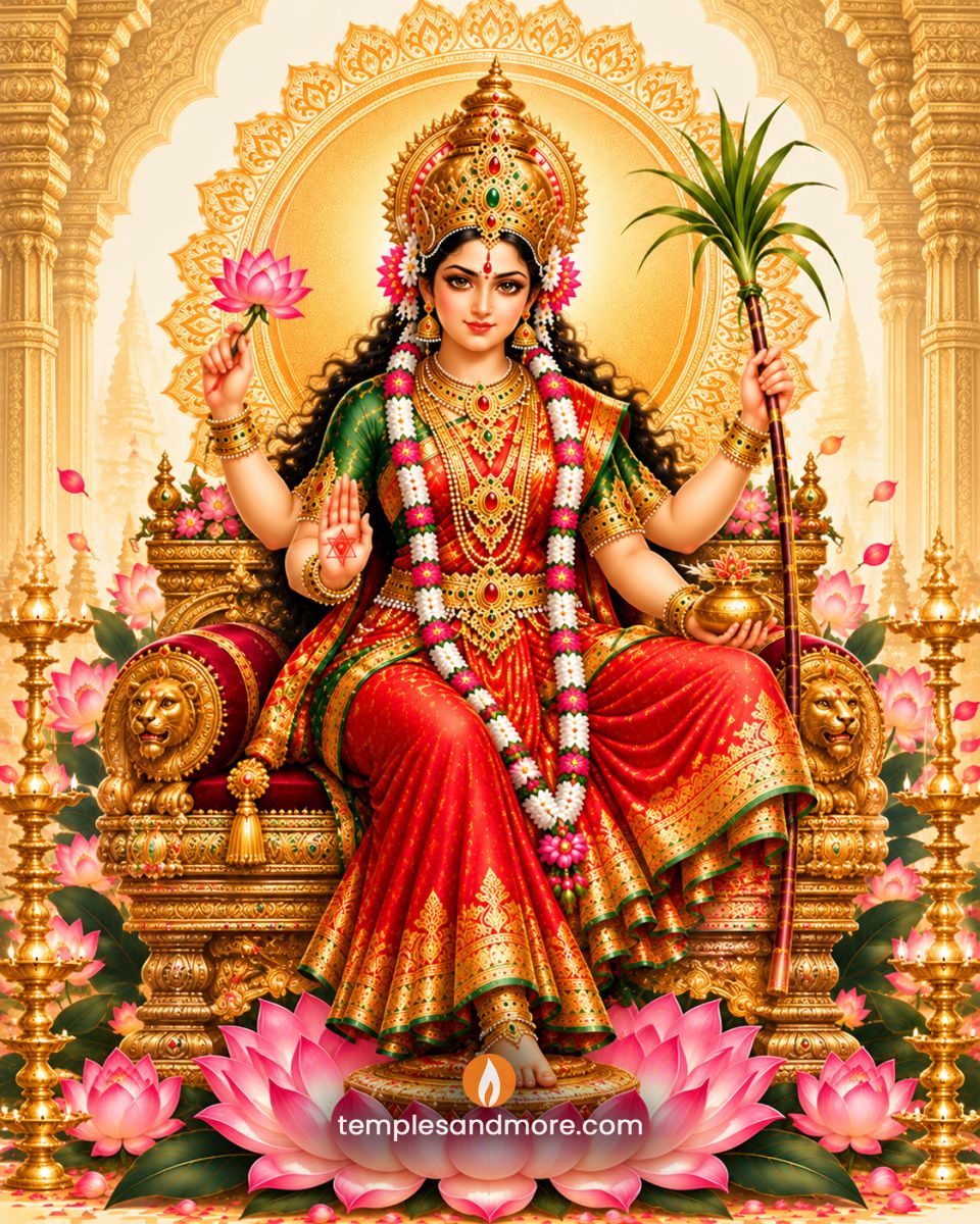 Goddess Raja Rajeshwari Devi seated on an ornate golden lion throne, wearing a red and green silk saree and jeweled crown, with four arms, pink lotus, sugarcane staff, golden vessel and radiant mandala halo.