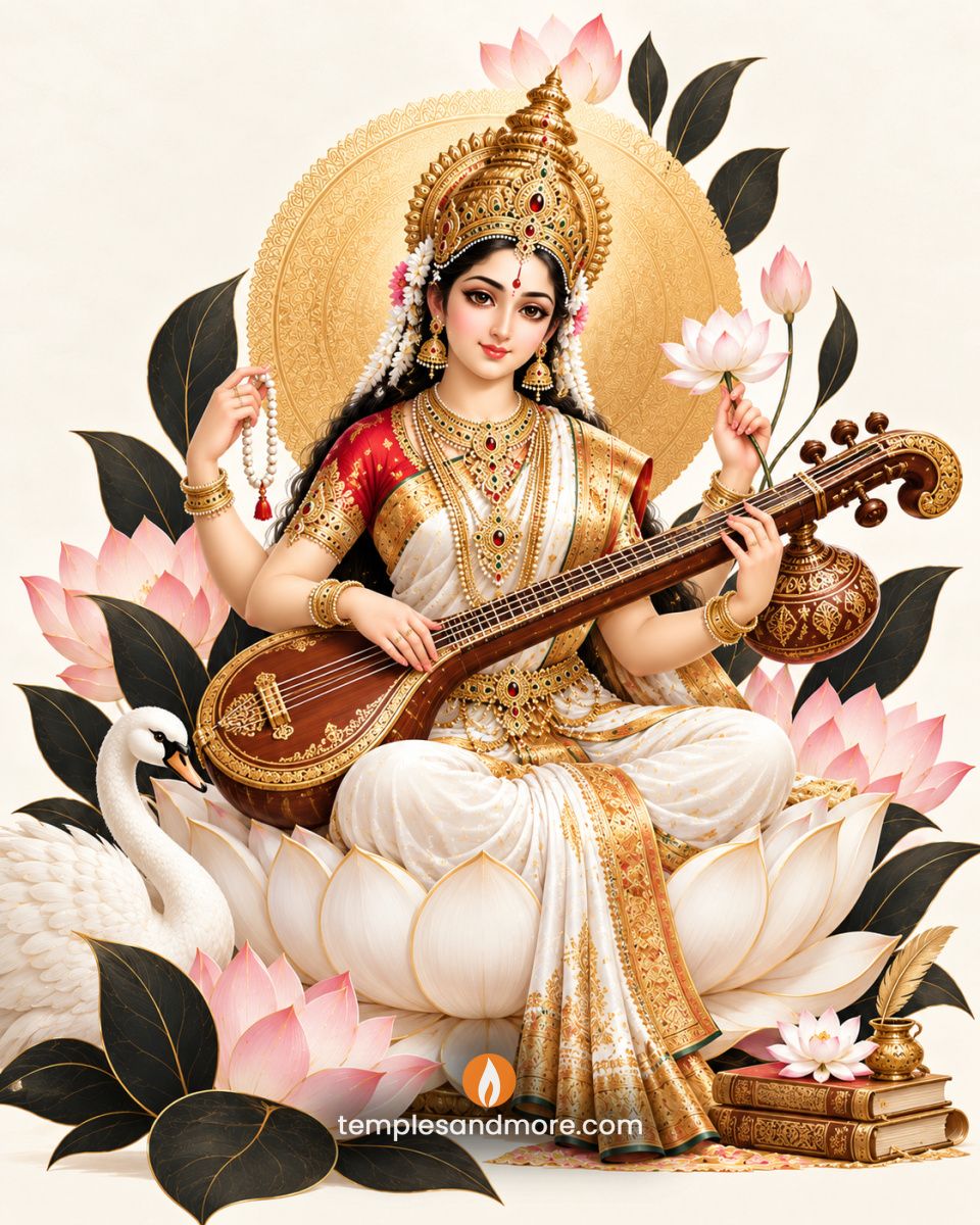 Goddess Saraswathi Devi in a white and gold saree seated on a white lotus, playing a wooden veena with four arms, a golden crown, pink lotus flowers and a white swan beside her.