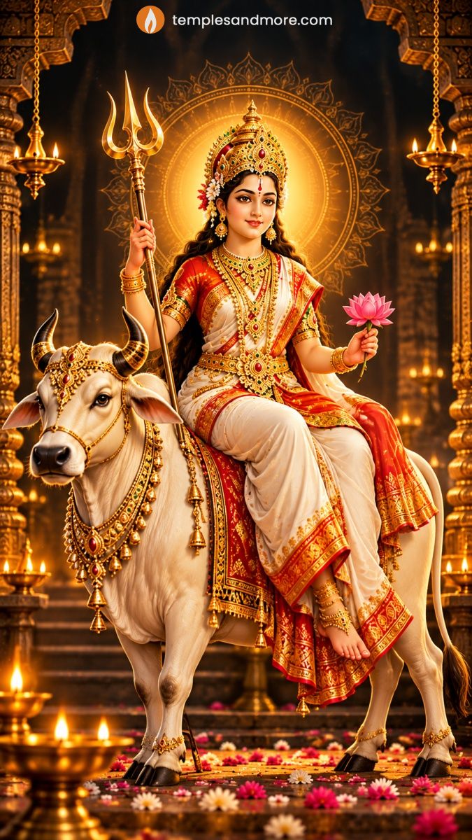 Goddess Shailaputri seated on a decorated white bull, holding a trident and pink lotus, surrounded by glowing temple lamps.