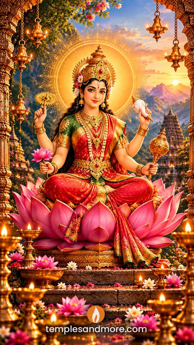 Goddess Siddhidatri seated on a large pink lotus, wearing a red and gold saree with a golden crown, holding a chakra, conch, mace and pink lotus, surrounded by glowing temple lamps.