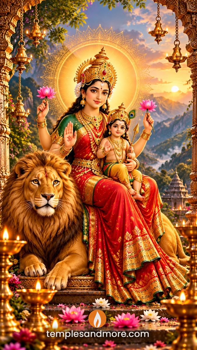 Goddess Skandamata holding child Lord Skanda on her lap, seated beside a majestic lion, holding pink lotuses and blessing devotees in a golden mountain temple setting.