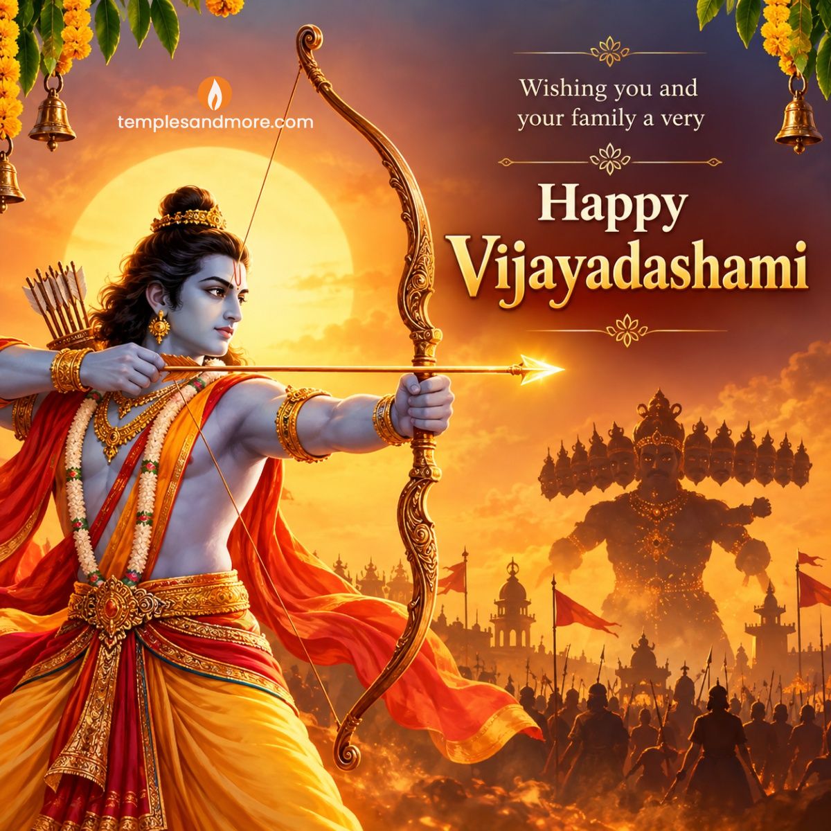 Lord Rama with bow and arrow in a devotional Vijayadashami greeting featuring Ravana in the background.