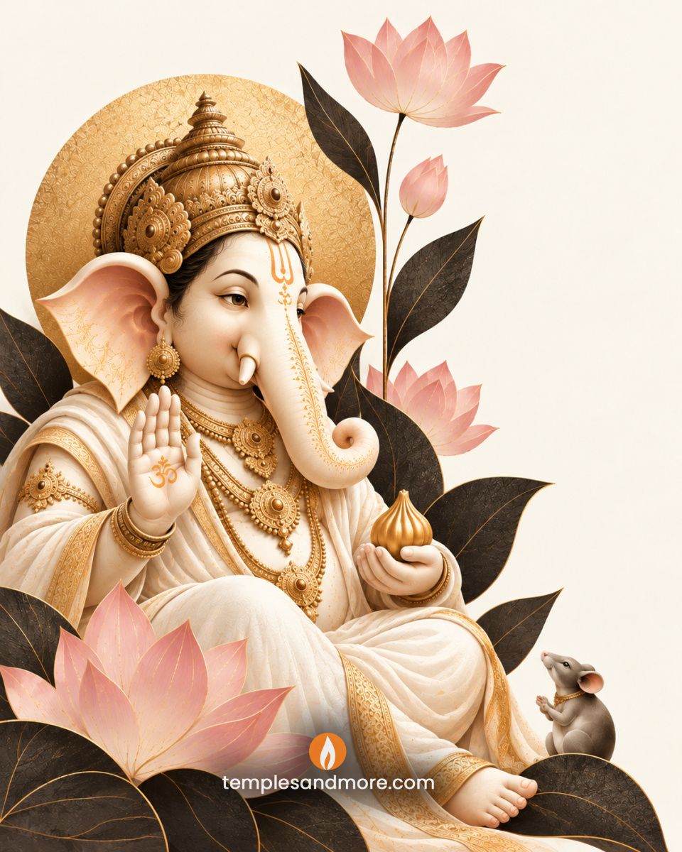 Lord Ganesha seated in ivory and gold attire with a golden crown and halo, raising his hand in blessing and holding a modak, surrounded by pink lotus flowers and a small mouse.