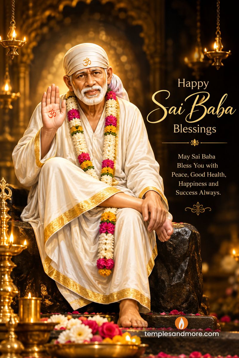 Shirdi Sai Baba seated in white and gold robes with colorful flower garlands, raising his right hand in blessing, surrounded by glowing brass oil lamps and golden temple decorations, with a devotional blessing message.