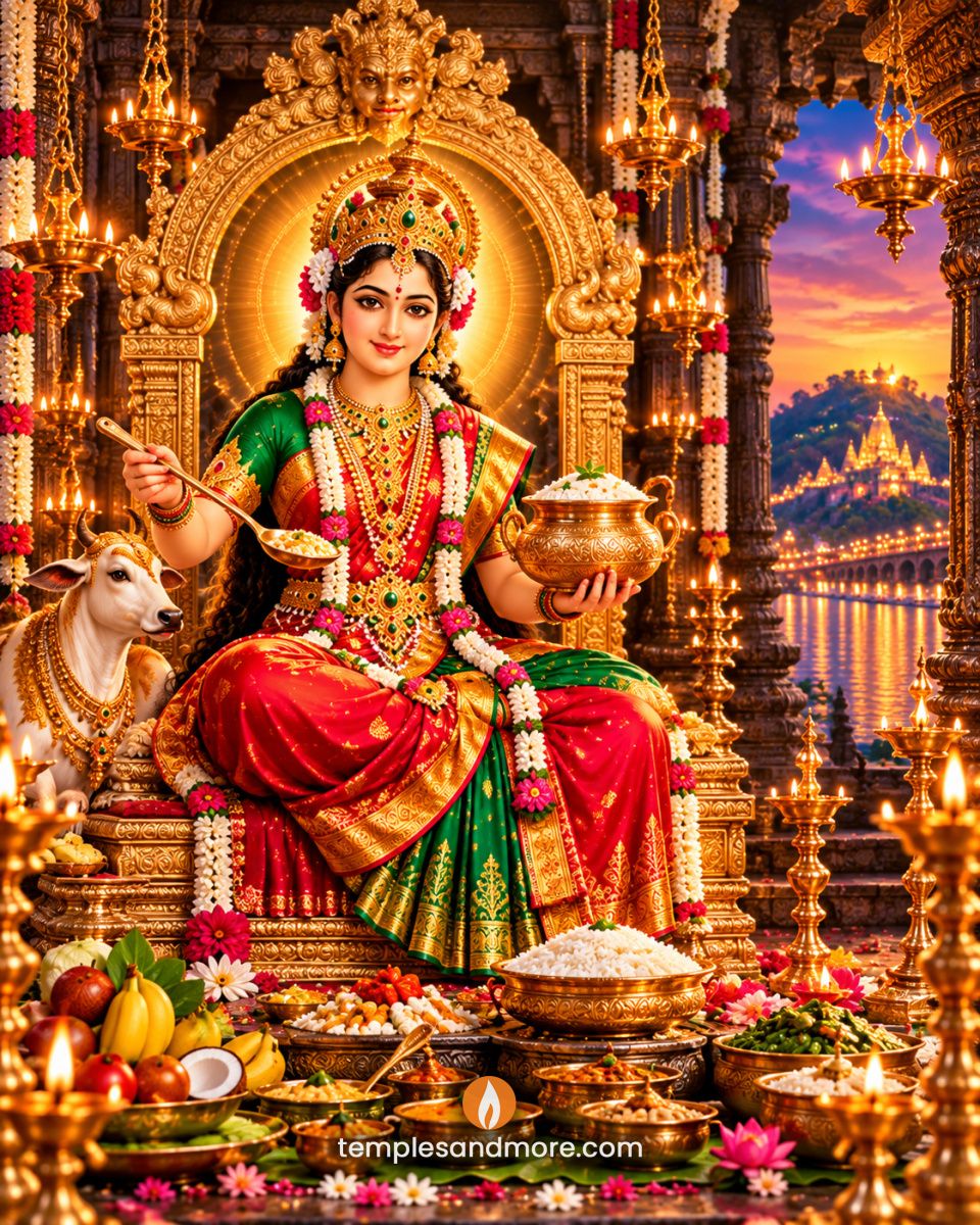 Goddess Annapurna Devi seated on a golden throne in a red and green silk saree, holding a golden vessel of rice and serving spoon, surrounded by food offerings, lamps and a white cow.