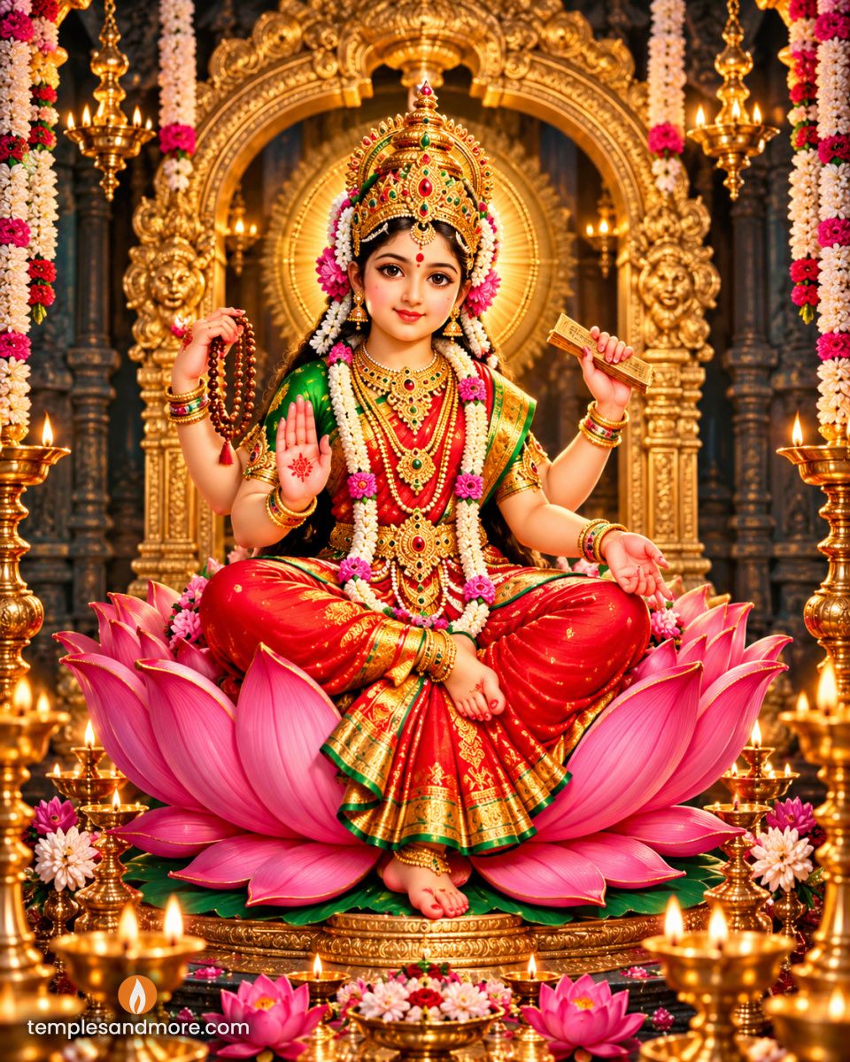 Sri Bala Tripura Sundari Devi seated on a pink lotus, wearing a red and green silk saree and golden crown, holding a prayer mala and sacred book, with one hand raised in blessing.