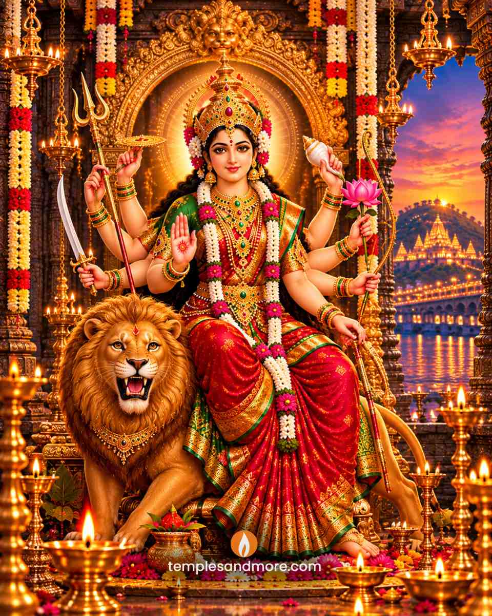 Sri Durga Devi seated beside a majestic golden lion, wearing a red and green silk saree and golden crown, with multiple arms holding a trident, chakra, conch, sword, lotus and bow in a decorated temple.
