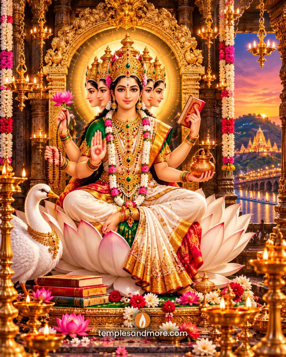 Sri Gayatri Devi with five serene faces and multiple arms, seated on a white lotus beside a graceful white swan, holding a lotus, prayer beads, sacred book and golden water vessel.