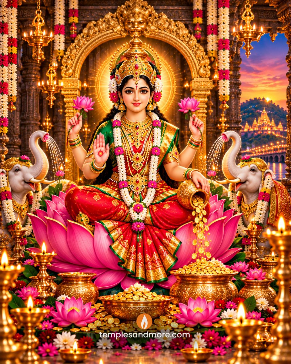 Goddess Lakshmi seated on a large pink lotus in a red and green silk saree, holding pink lotuses, blessing devotees and pouring golden coins from a pot, with two white elephants beside her.
