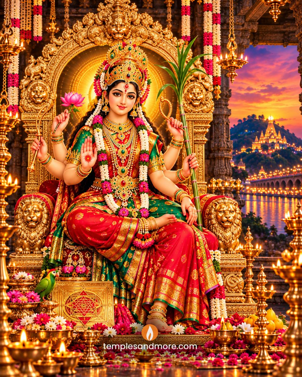 Sri Lalita Tripura Sundari Devi seated on a golden throne in a red and green silk saree, with a pink lotus, sugarcane stalk, golden noose, Sri Chakra and green parrot.
