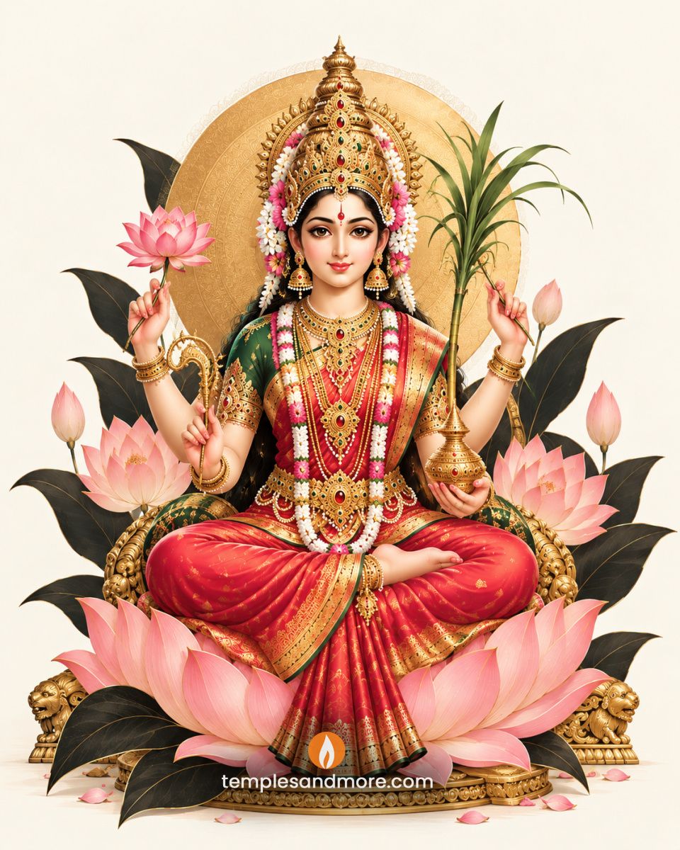 Sri Lalitha Tripura Sundari Devi seated cross-legged on a pink lotus throne, wearing a red and green silk saree and golden crown, with four arms, a golden halo and floral decorations.