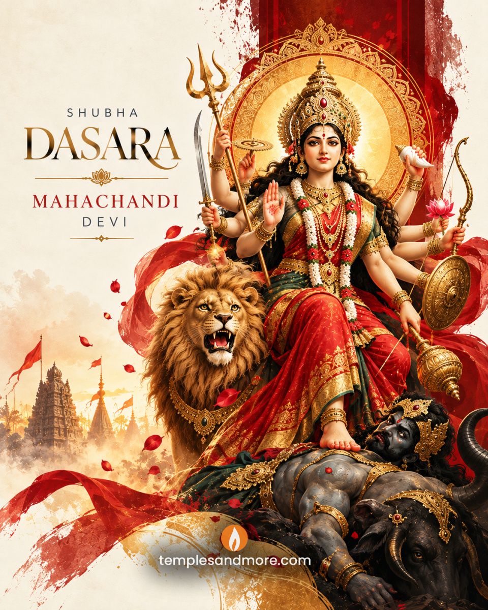 Sri Mahachandi Devi in a red and green silk saree with golden crown and multiple arms, seated with a majestic roaring lion above a defeated demon and buffalo, against a red and gold Dasara background.
