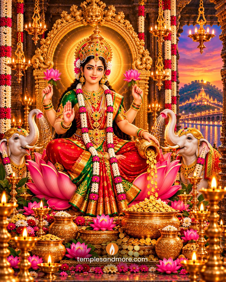 Sri Mahalakshmi Devi seated on a pink lotus wearing a red and green silk saree, holding two pink lotuses, blessing devotees and pouring gold coins from a golden pot, flanked by two white elephants.
