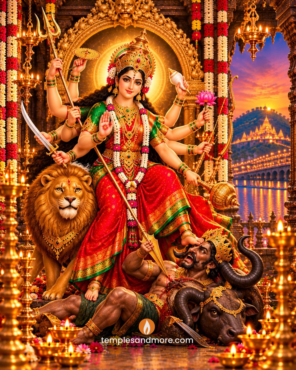 Sri Mahishasura Mardini Devi in a red and green silk saree, seated beside a golden lion, defeating the buffalo demon Mahishasura with her trident amid glowing temple lamps.