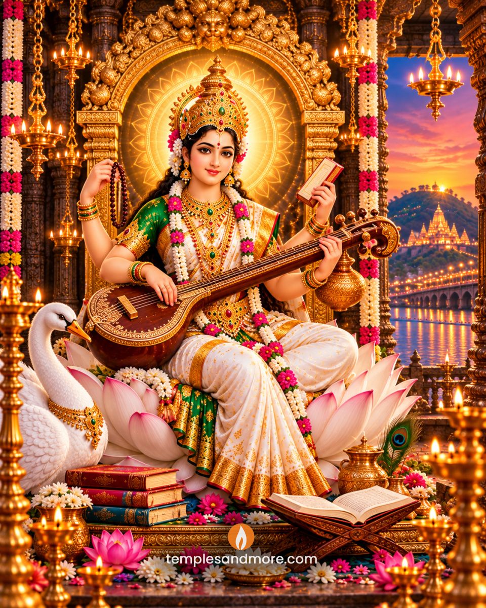 Goddess Saraswati Devi seated on a white and pink lotus, wearing a white and gold silk saree, playing a veena and holding prayer beads and a sacred book, with a white swan beside her.