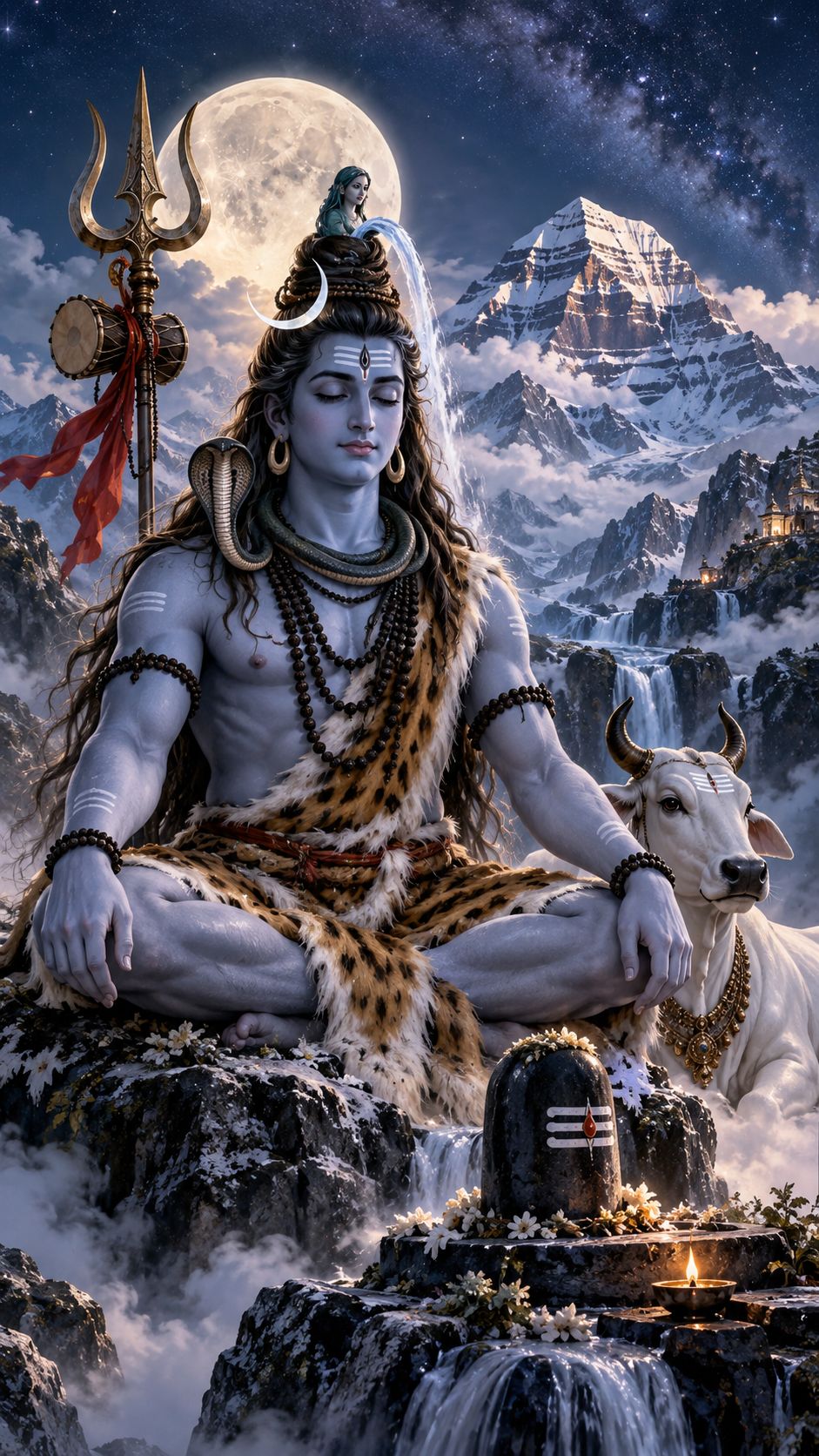 Divine Lord Shiva meditating at Mount Kailash under the moonlight with Trishul, Nandi and Shiva Lingam