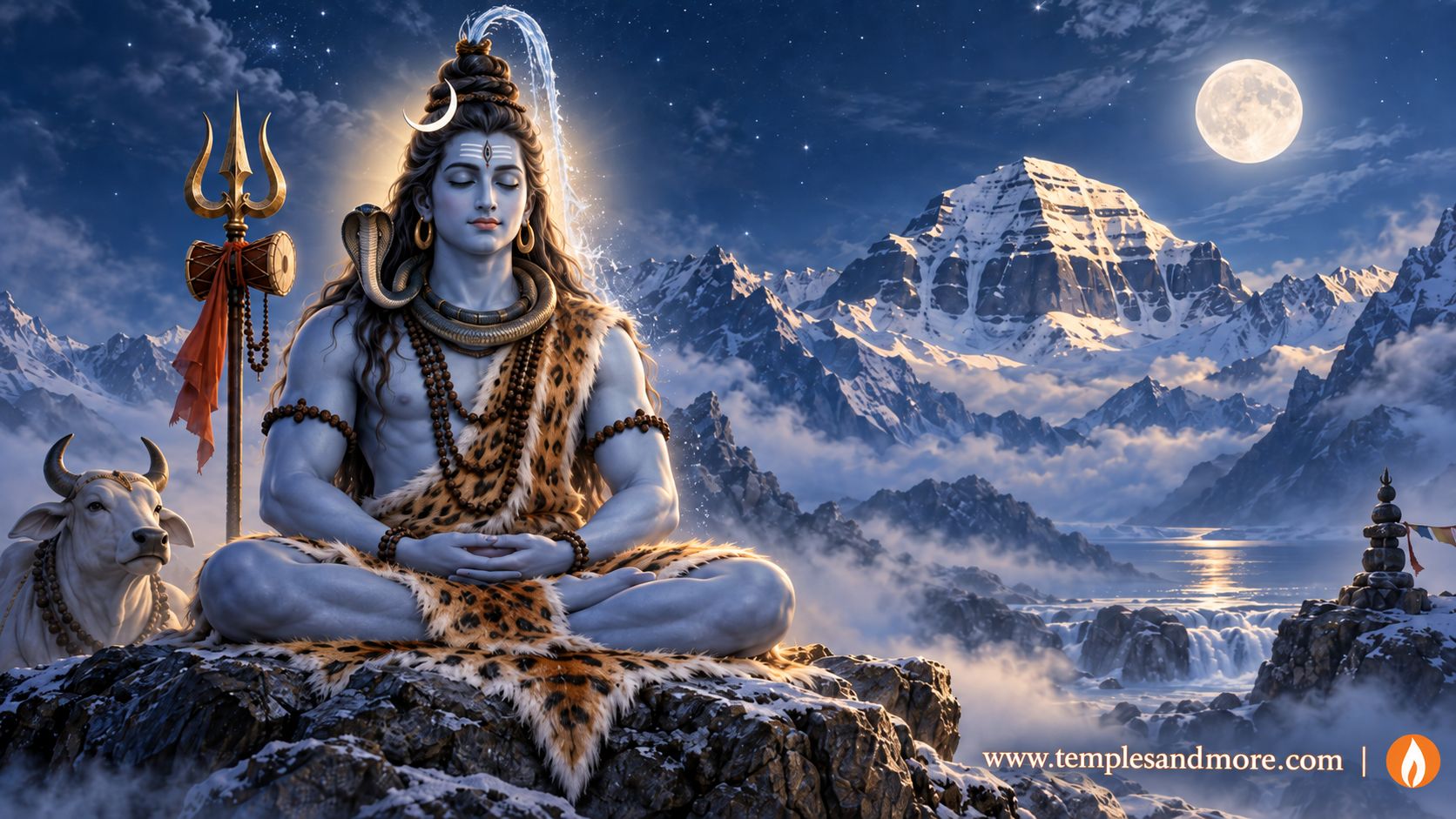Lord Shiva meditating peacefully in the Himalayas near Mount Kailash under a glowing full moon, with Nandi, Trishul and sacred Ganga.