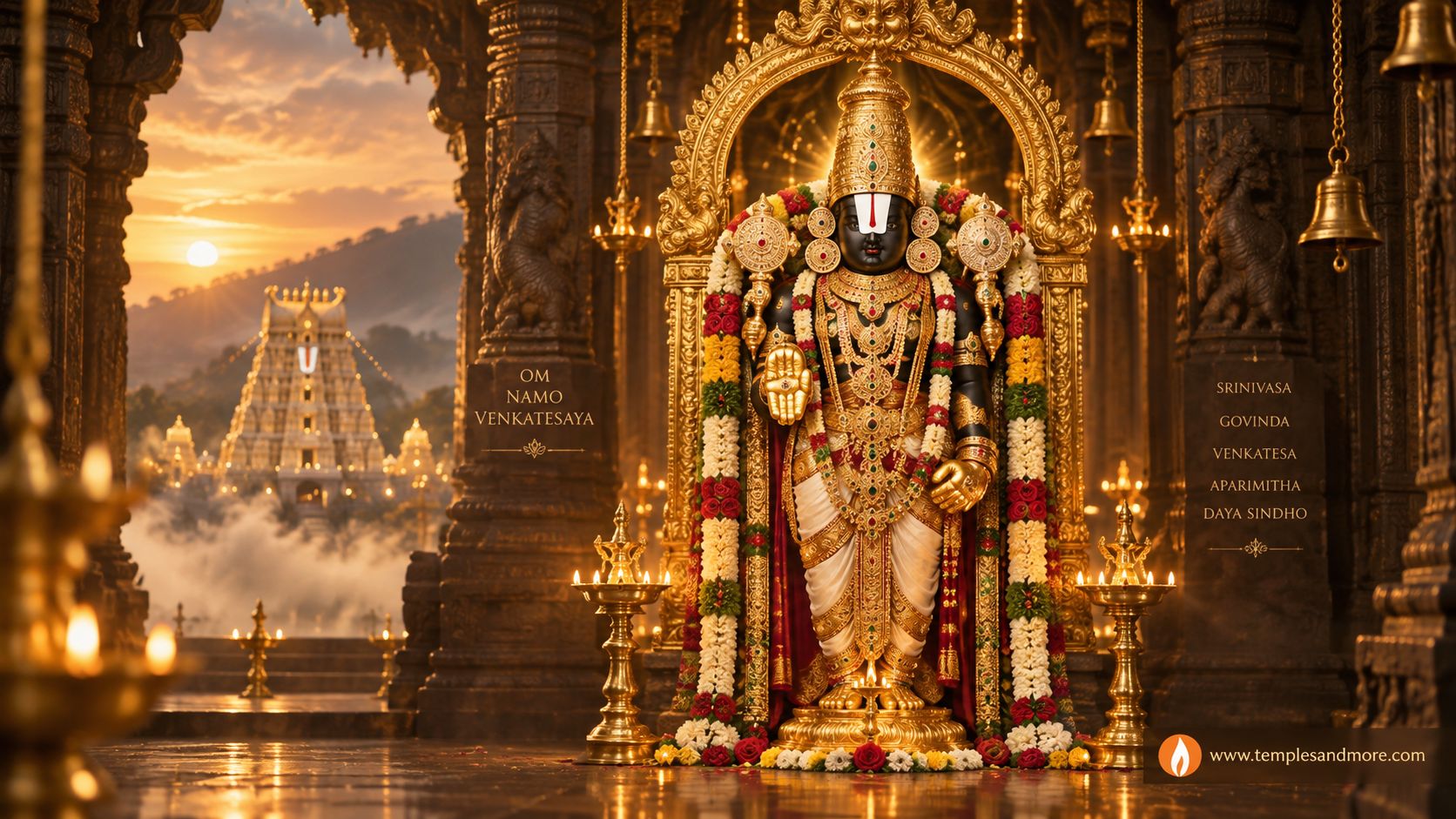 Lord Venkateswara Swamy standing majestically in a golden Tirumala-inspired temple setting, adorned with traditional jewelry, flower garlands and sacred namam.