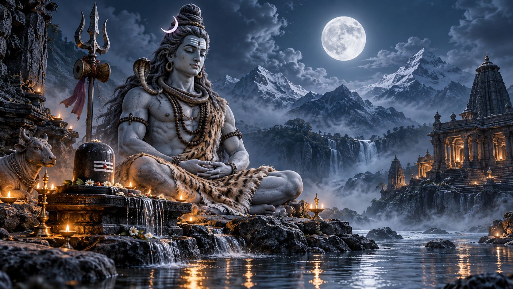 Lord Shiva meditating beside a Shiva Lingam and Nandi under a bright full moon, surrounded by Himalayan mountains, waterfalls, temple architecture and glowing oil lamps.