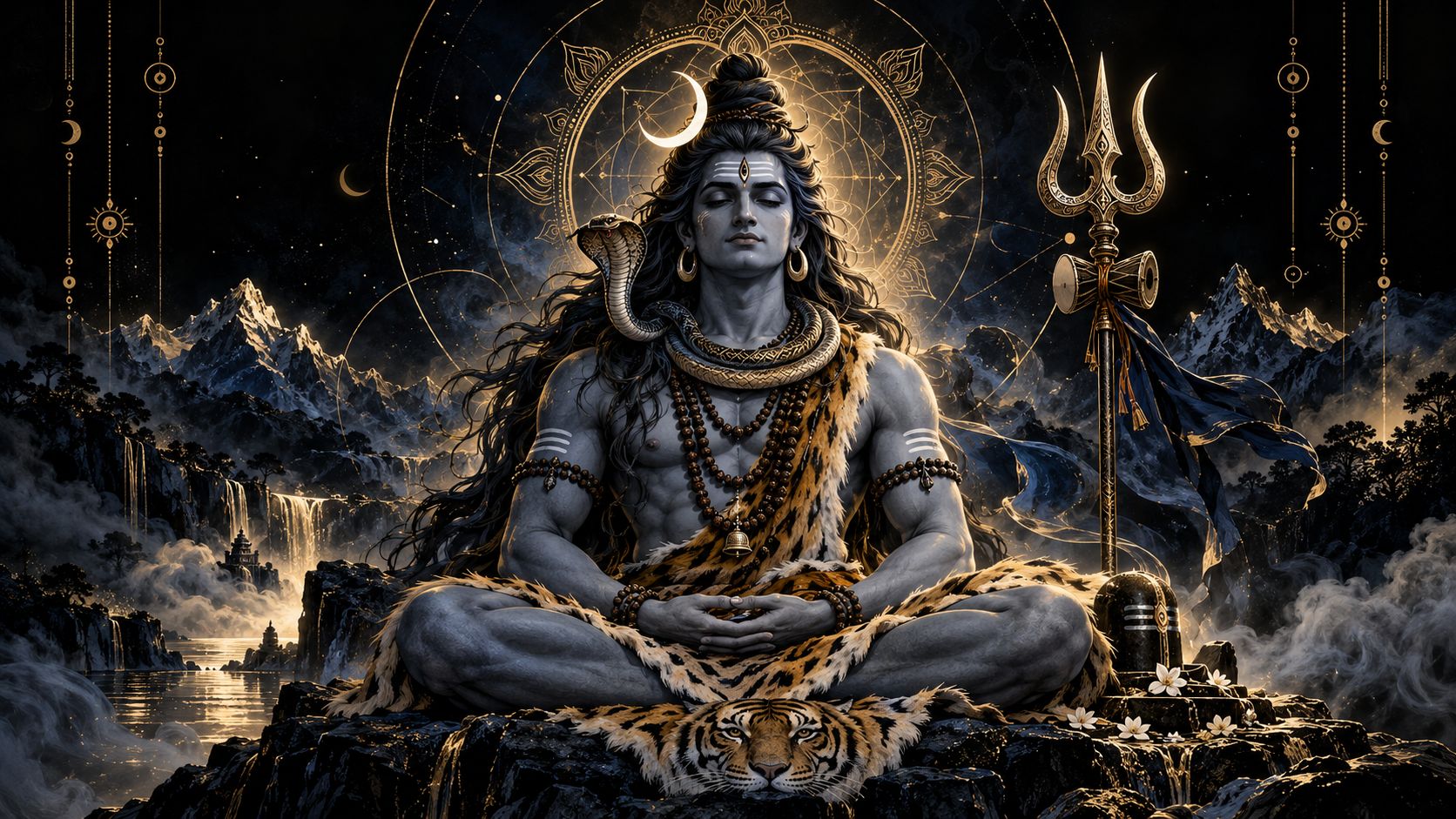 Lord Shiva meditating in a dramatic black and gold cosmic setting with Trishul, Damru, Shiva Lingam, crescent moon, sacred geometry and Himalayan mountains.