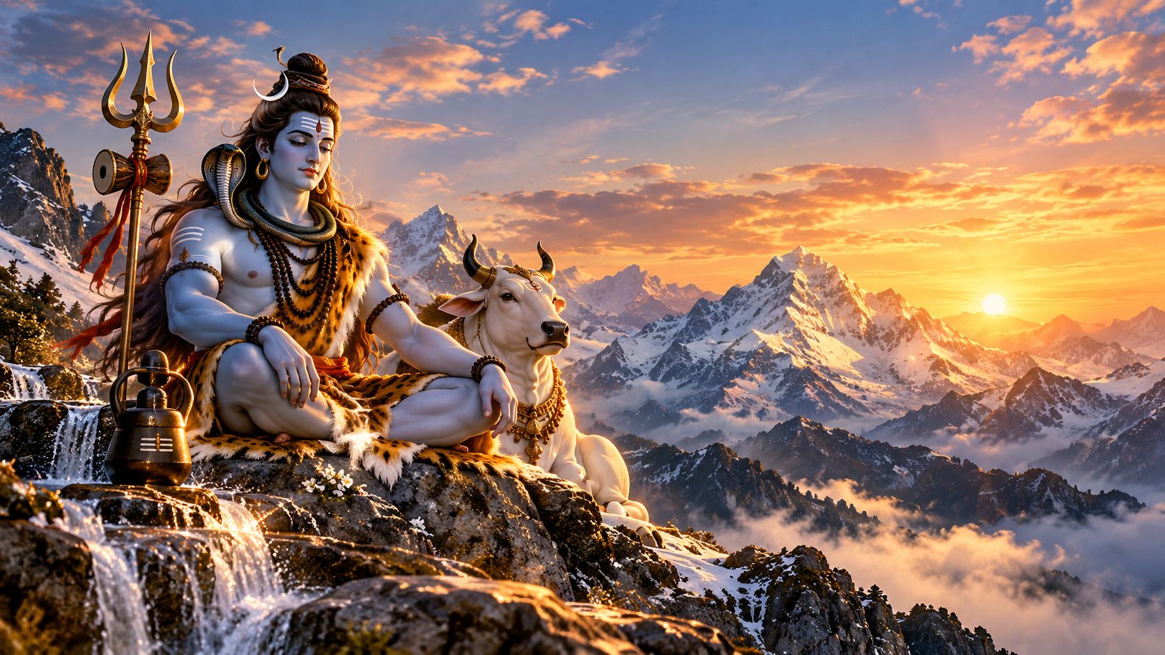 Lord Shiva seated peacefully beside Nandi in the snowy Himalayas at sunrise, with Trishul, Damru, sacred water and mountain peaks in the background.
