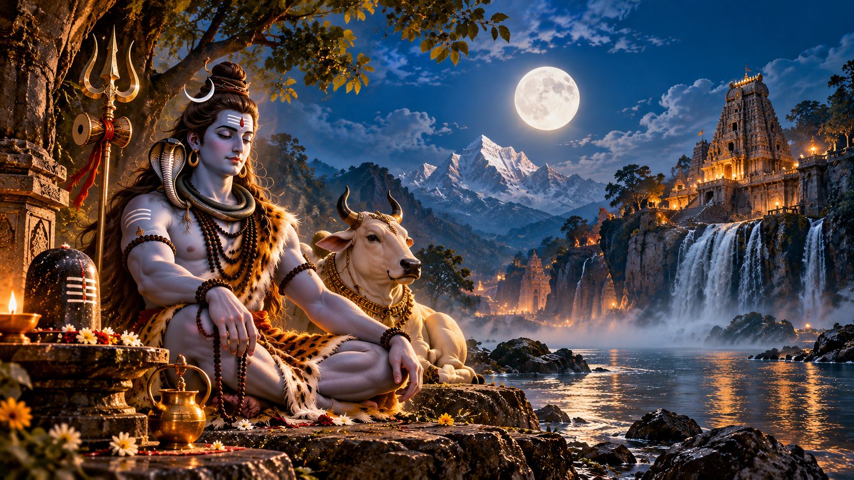 Lord Shiva seated peacefully beside Nandi near a Shiva Lingam, with Trishul, flowing waterfalls, glowing temple lamps, snowy mountains and a full moon in the background.