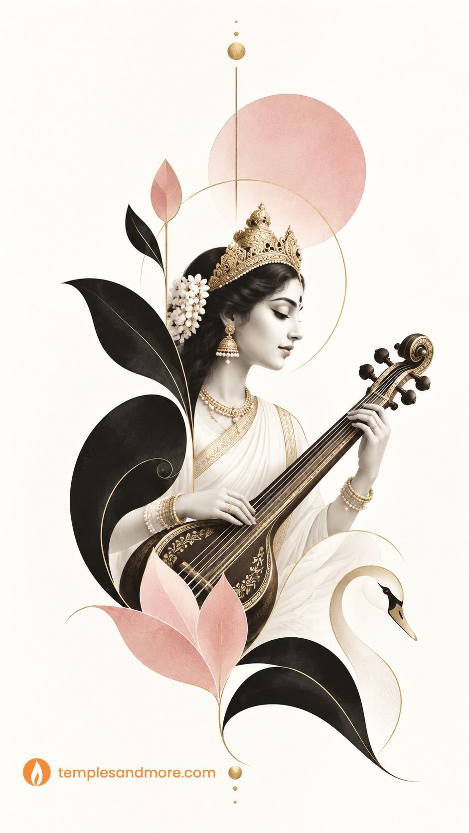 Elegant minimalist artwork of Goddess Saraswati in white attire playing the veena, with a swan, black botanical shapes, soft pink accents, and delicate gold details on a clean light background.