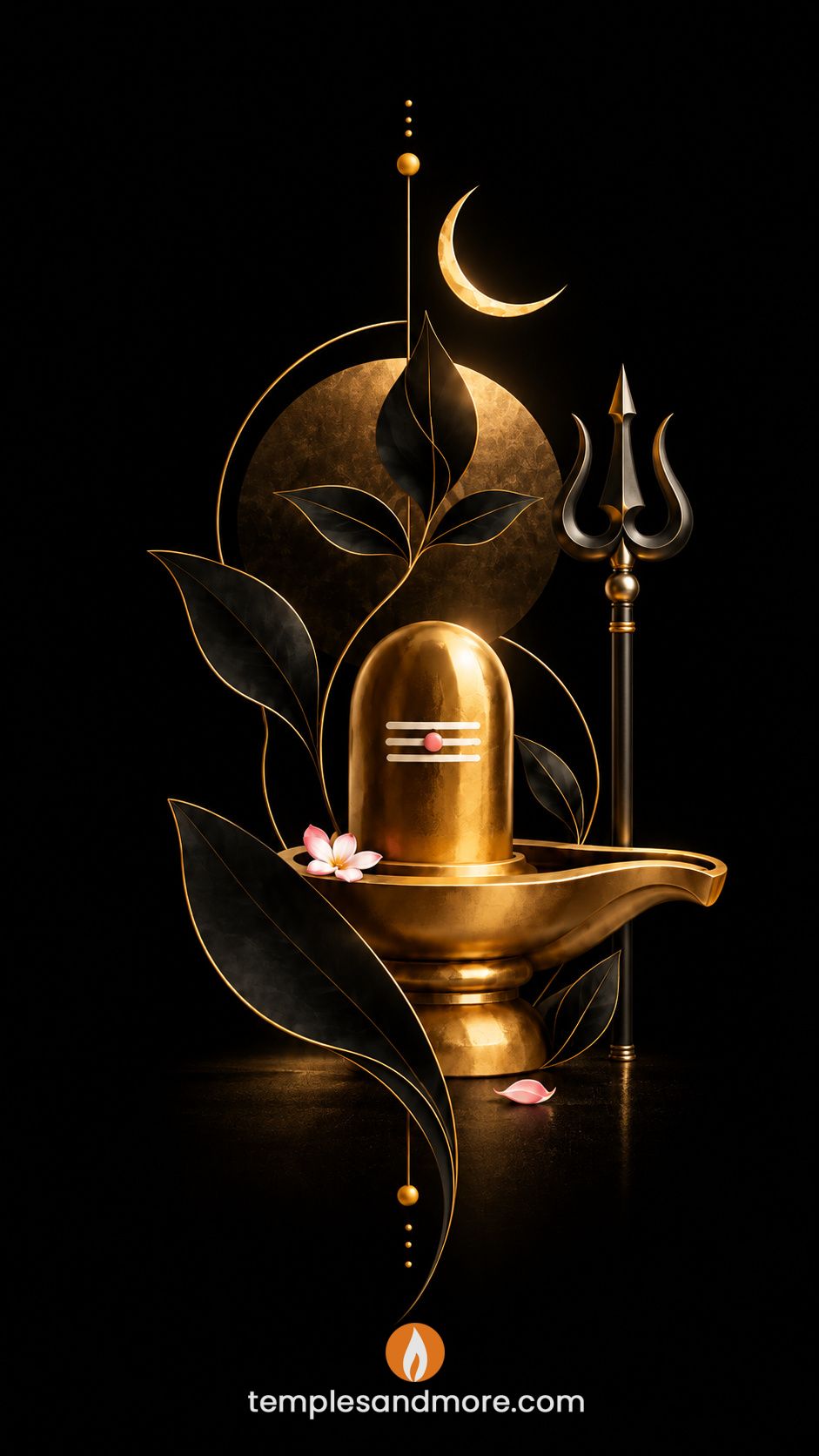 Golden Shiva Lingam with white Tripundra markings and pink bindu, accompanied by a dark metallic trishul, golden crescent moon, black botanical leaves, pink lotus flower, and gold circular accents against a deep black background.