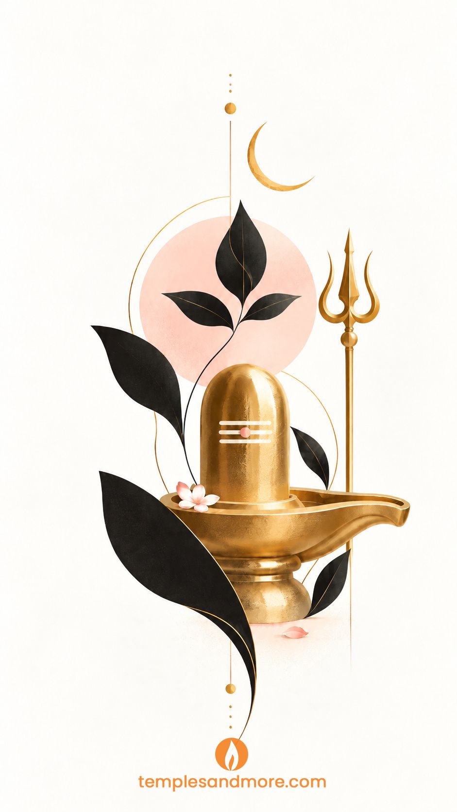 Beautiful golden Shiva Lingam with white Tripundra markings and pink bindu, accompanied by a traditionally shaped golden trishul and crescent moon. Elegant black botanical leaves, delicate pink flowers, and soft blush pink circular accents decorate the iv