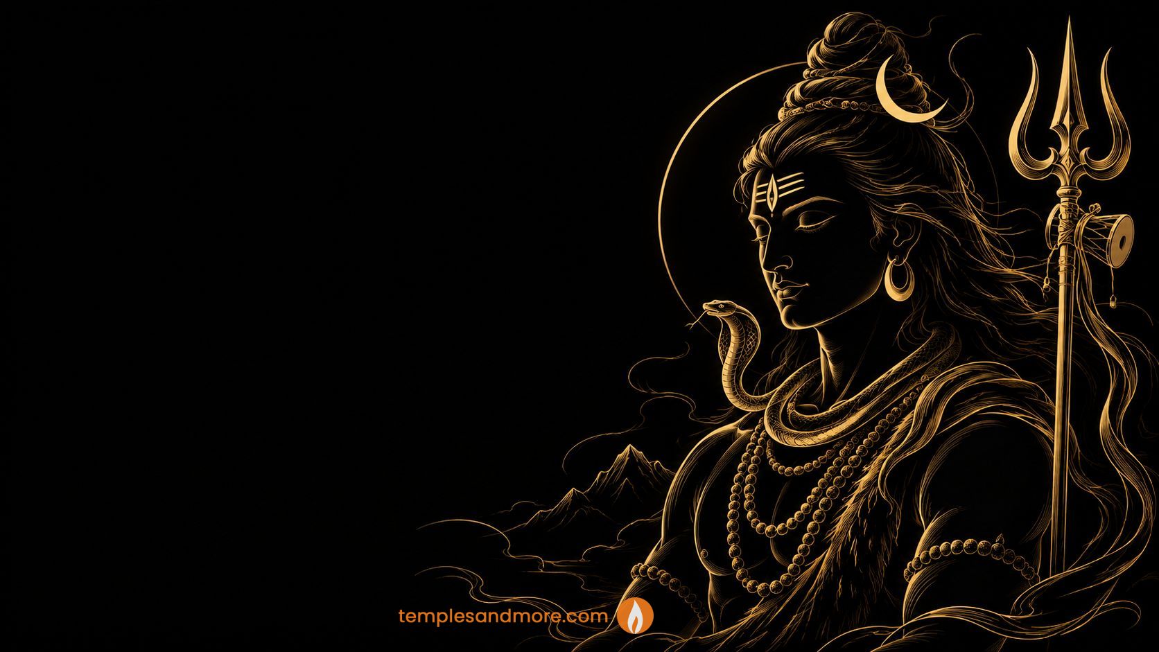 Minimal black and gold line art of Lord Shiva positioned on the right, featuring the crescent moon, serpent, Rudraksha beads, Trishul and Damru with spacious dark negative space on the left.